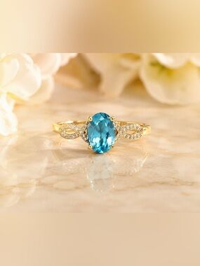 14K Gold Genuine Blue Topaz Diamond Accent Ring Size 8 March Birthstone
